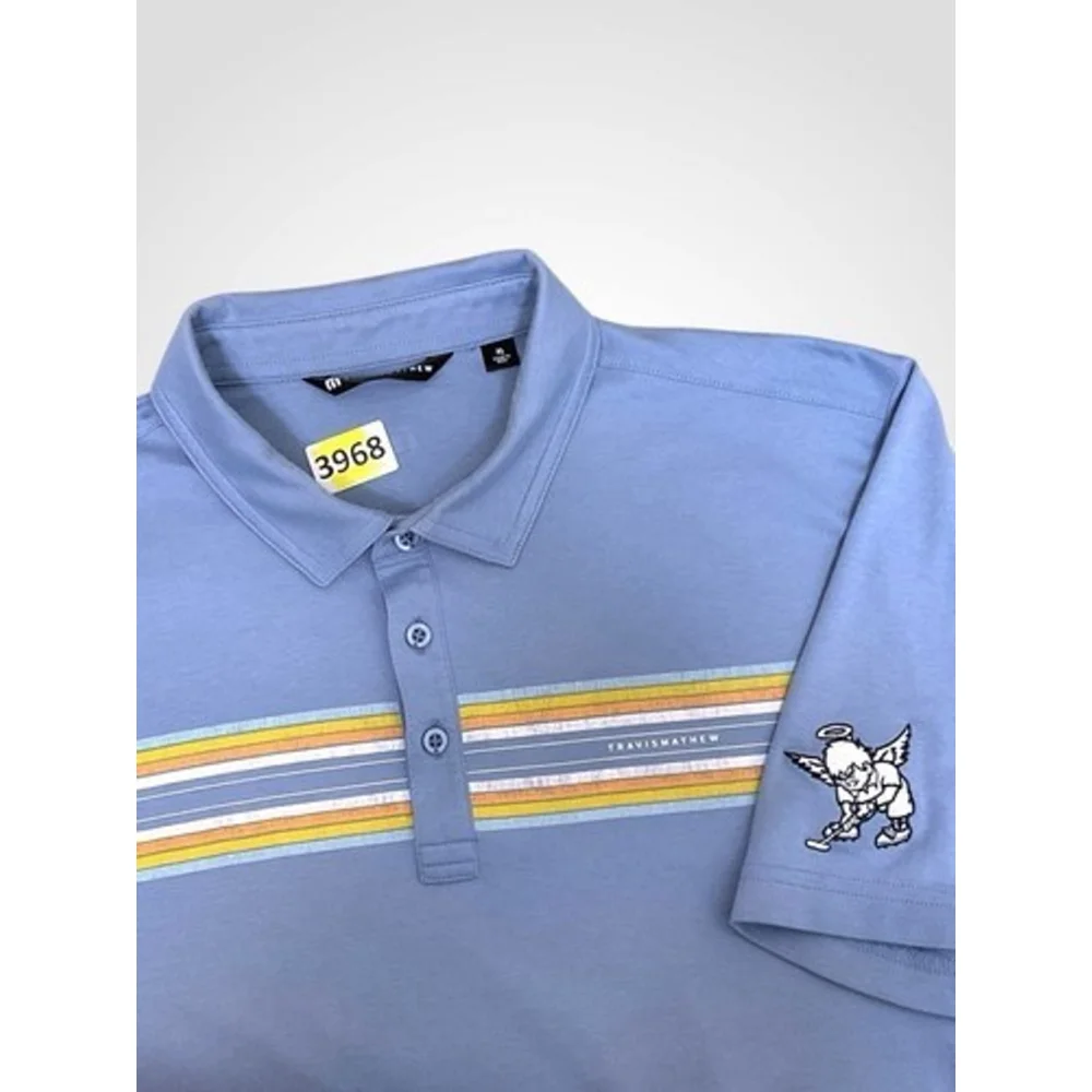 Travis Mathew Blue Stripe Custom Logo Short Sleeve Golf Polo Shirt Men XL‎